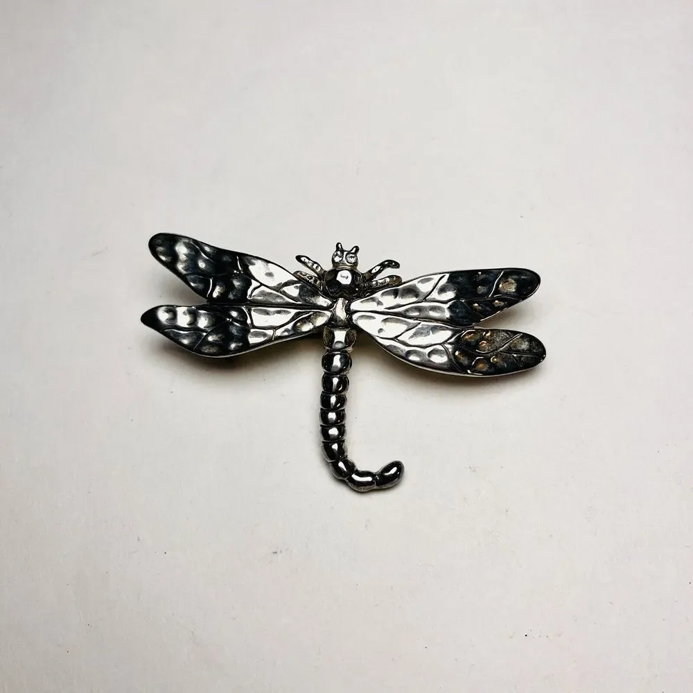Large Dragonfly Brooch / Pendant & Earrings Set Silver Tone Unsigned Rhinestones